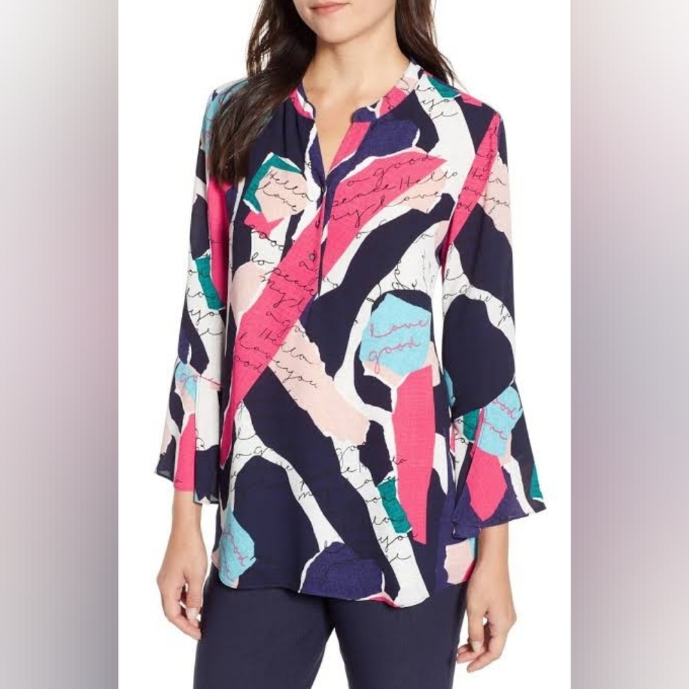 NIC+ZOE Womens Navy Printed Split Wear To Work Blouse Small - Picture 1 of 9